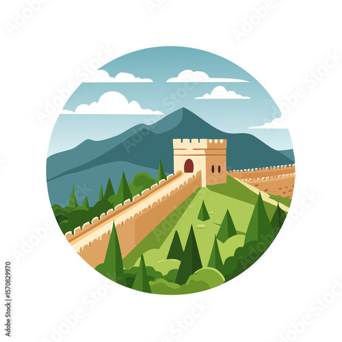 The Great Wall of China on a Mountain Peak Illustration
