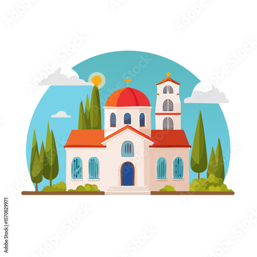 Greek Orthodox Church Illustration with Dome and Tower