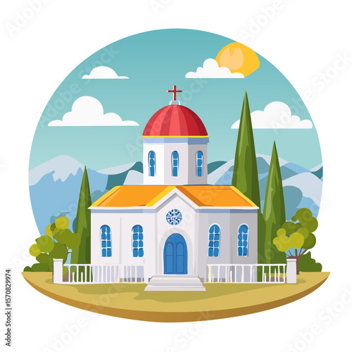 Greek Orthodox Church Illustration with Summer Landscape Background
