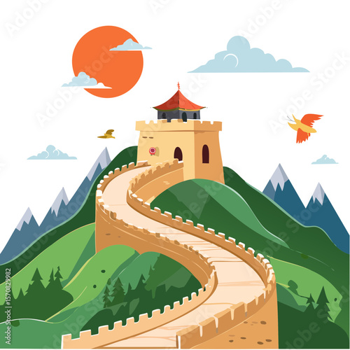 Great Wall of China Illustration with Mountains and Trees Landscape