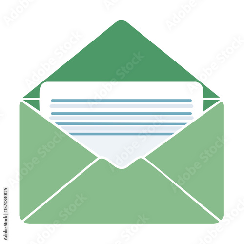 Open green envelope holding stack of cards invitations letters correspondence communication message mailing illustration design