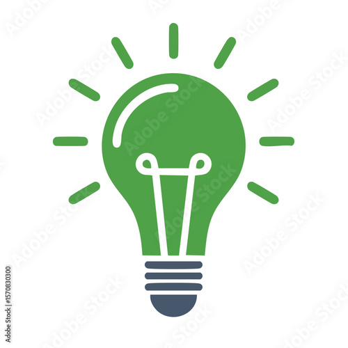 Green light bulb icon concept with radiating lines for idea, innovation, energy, and ecology solutions.
