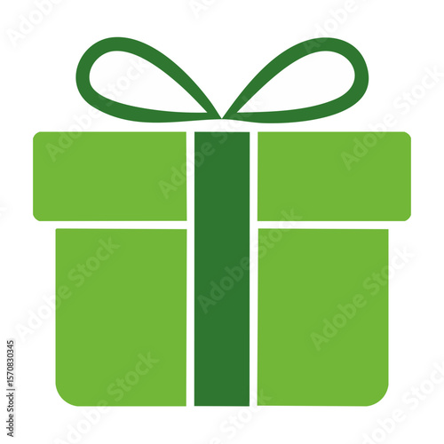 Illustration of a wrapped green gift box with a bow, simple graphic on a black background