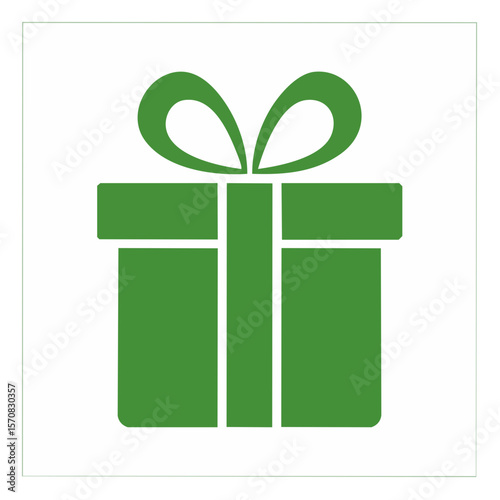 Green Gift Box Icon Illustration on White Background, Present with Bow Graphic