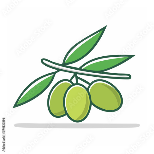 Stylized Green Olive Branch Illustration with Leaves and Fruit