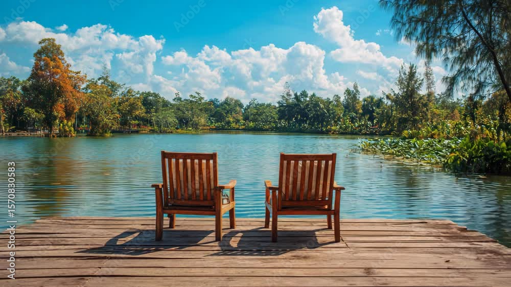 Relaxing chairs by serene lake under bright blue sky Relaxing chairs by serene lake under bright blue sky