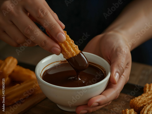 Indulgent Delight, A Close-Up of Churros Being Dipped in Rich, Molten Chocolate for a Sweet Treat Experience