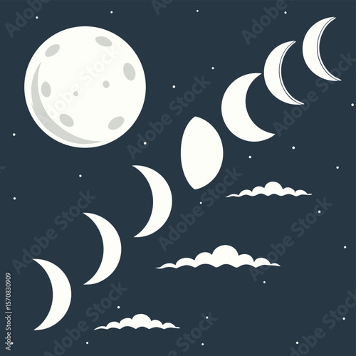 Lunar Dance: A mesmerizing illustration of the moon's phases against a starlit backdrop, showcasing its celestial journey through the night sky.