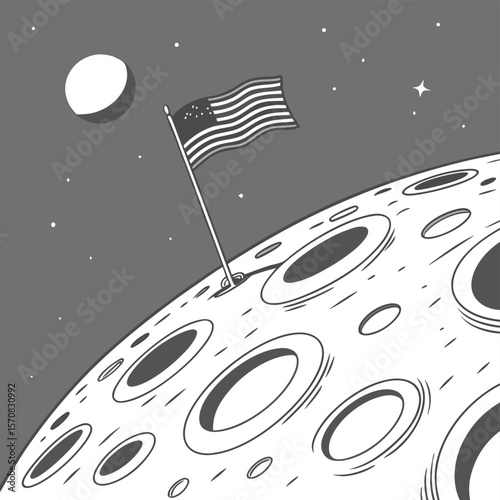 Lunar Landing: A monochrome illustration captures the iconic moment of a flag planted on the moon's surface, symbolizing a historic achievement in space exploration.