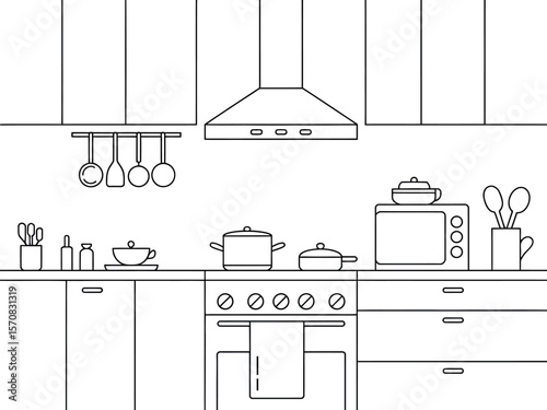 Modern Kitchen Vector: Minimalist Line Art Design, Clean Style