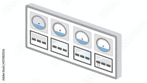Isometric view of a control panel with gauges and indicators showing various levels and status indicators