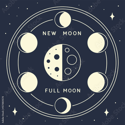 Phases of the Moon: A celestial illustration of the different lunar phases, depicted in a circular arrangement. A visual representation of the moon's journey.