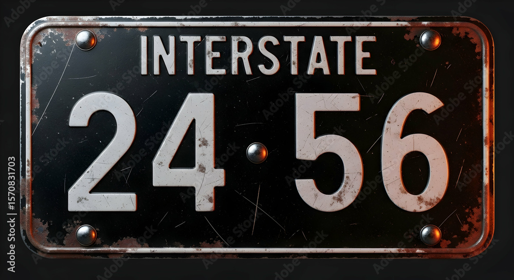 Fototapeta premium Vintage Interstate License Plate With Distressed Texture Isolated on Black Backdrop