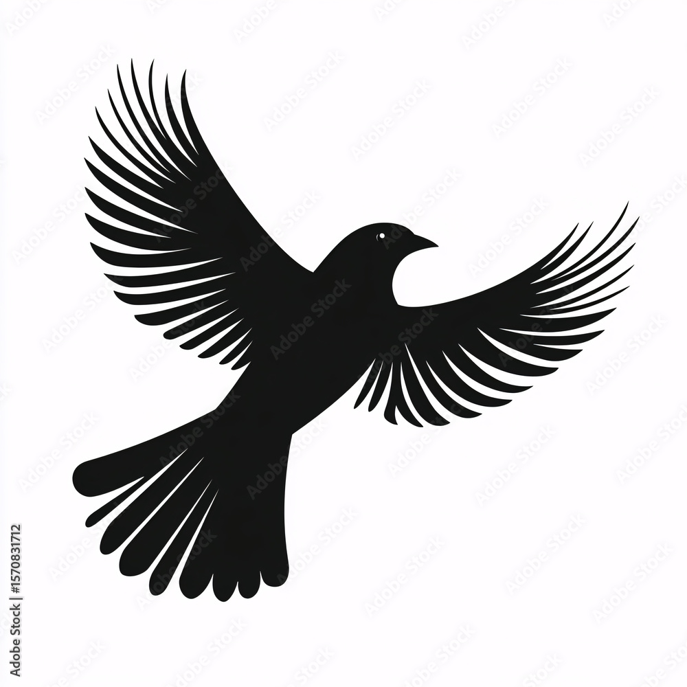 Obraz premium Black Silhouette of Flying Bird with Spread Wings on White Background 