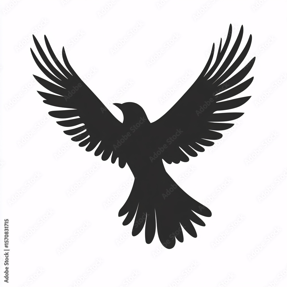Fototapeta premium Black Silhouette of Bird Flying Upward with Wings Fully Spread on White Background 