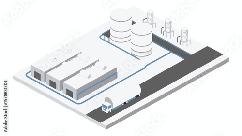 Isometric view of a factory with storage tanks warehouses and a tanker truck on a road surface