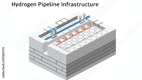 Isometric view of hydrogen pipeline infrastructure with blue and red pipelines and circular storage units