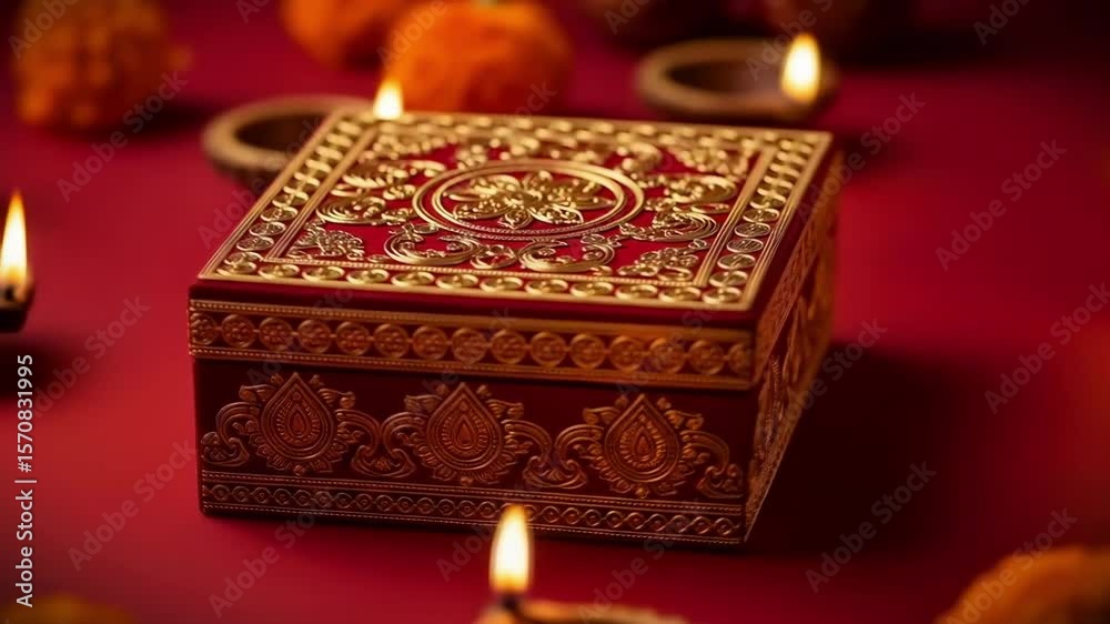 Beautiful Diwali gift box, decorated with gold pattern, moves among lit clay oil lamps and sweets on red ground, festival celebration footage.