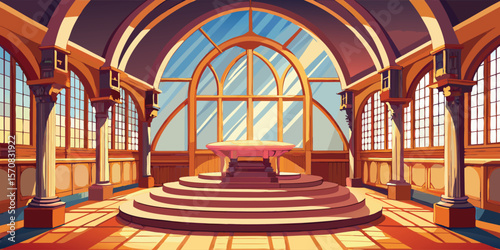 Grand hall with arched windows and circular stage interior