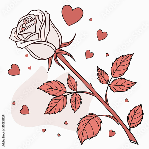Love's Bloom: A single rose, tenderly rendered in soft hues, expresses the language of love. Enriched by floating hearts, it's an illustration perfect for conveying affection. 