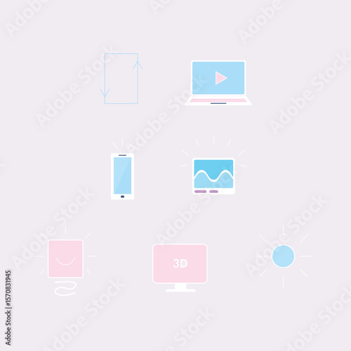 Digital technology icons representing various devices and activities in a modern workspace setting