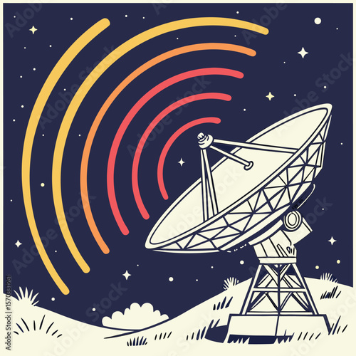 Cosmic Communication: A detailed illustration of a satellite dish, sending and receiving signals amidst a starry night sky, symbolizing global connectivity and technological innovation.