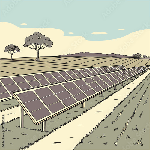 Solar Energy Farm: A vibrant illustration of a solar energy farm nestled in a rural landscape, symbolizing sustainable energy and environmental conservation.
