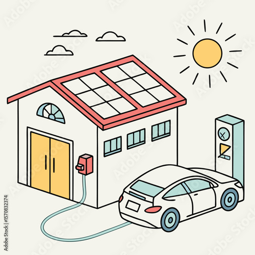 Eco-Friendly Home: A charming illustration showcases a modern house, powered by solar panels, with an electric car plugged into a charging station, symbolizing sustainable living and green energy.