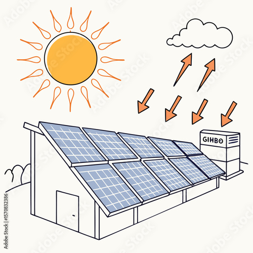 Solar Panel System on a Shed Roof: A clean energy illustration showing a solar panel system installed on the sloped roof of a shed, powered by sunlight and potentially supplemented by rain harvesting.