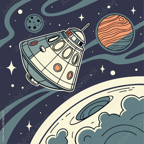 Retro Space Odyssey: A vintage-style spaceship traverses the cosmos amidst stars and planets, capturing the allure of space exploration