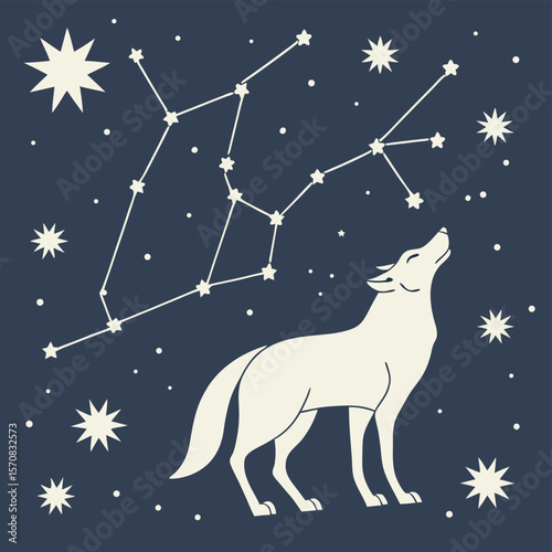 Starry Night Serenade: A lone wolf serenades the cosmos beneath a celestial canvas of constellations and stars, capturing the wild beauty of night and the mysteries of the universe.