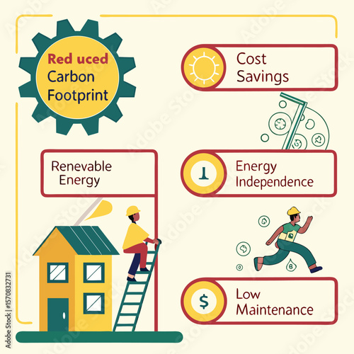 Renewable Energy and Reduced Carbon Footprint: An illustrative representation of sustainable initiatives, showcasing solar power, cost savings, and energy independence to mitigate climate change