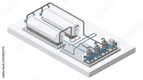 Isometric view of industrial equipment with tanks, pipes, and filtration system on a platform base