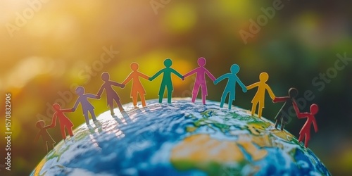 A group of people holding hands around the world. The people are of different colors and sizes. Concept of unity and togetherness
