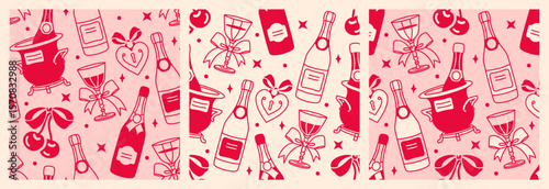 An elegant seamless pattern featuring bottles of champagne, wine flutes, and festive elements, ideal for romantic backgrounds, flirty festive designs, coquette girly projects