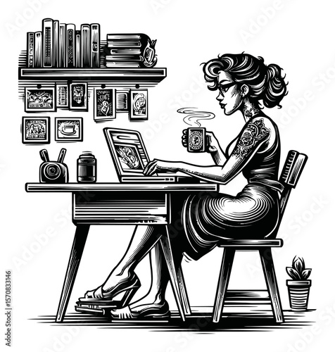 Retro Style Illustration of Woman Working at Desk with Laptop and Coffee