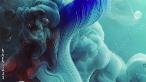 Digital animation featuring abstract balls immersed in swirls of translucent smoke. Blue and orange streams create the effect of movement, resembling a fantastical space environment