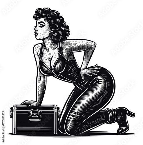 Vintage Pin-Up Style Illustration of a Glamorous Woman with Toolbox