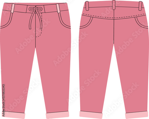 Pink Casual Pants Front View Illustration, Relaxed Fit Design, Stylish Streetwear Apparel Mockup, Comfortable Fashion Clothing, Minimal Wardrobe Essentials Vector Artwork