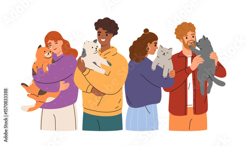 Group of different skin colors people holding cats. Happy men and women hold in arms domestic pet. Pet owners portrait with adorable kitties. Human and feline animals friendship. Flat illustration.