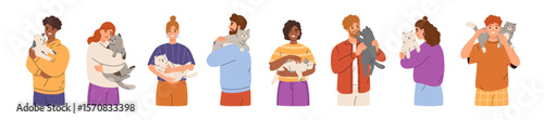 Cute set of people holding cats. Happy men and women hold in arms domestic pet show love and care. Pet owners portrait with adorable kitties. Human and feline animals friendship. Flat illustration.