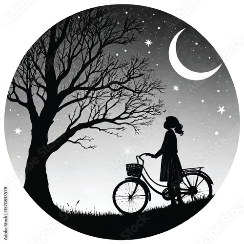 Girl Silhouette with Bicycle Under Starry Night Sky, Crescent Moon & Tree
