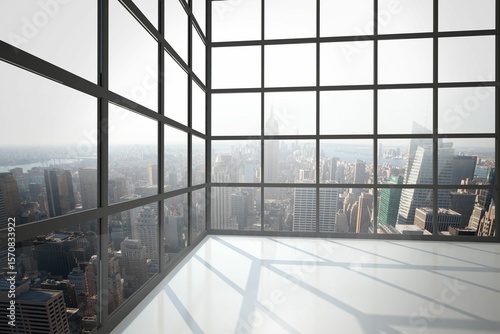Room with large window showing city