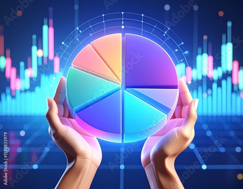Investment portfolio management. Diversified strategy using stocks, bonds and commodities. Pie chart and candlestick charts.