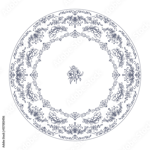 Vintage vector round composition a lot of floral elements, ornamental details. Retro Victorian style,