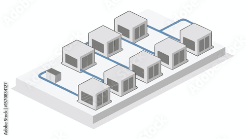 Isometric view of multiple small buildings connected by blue lines on a gray platform design