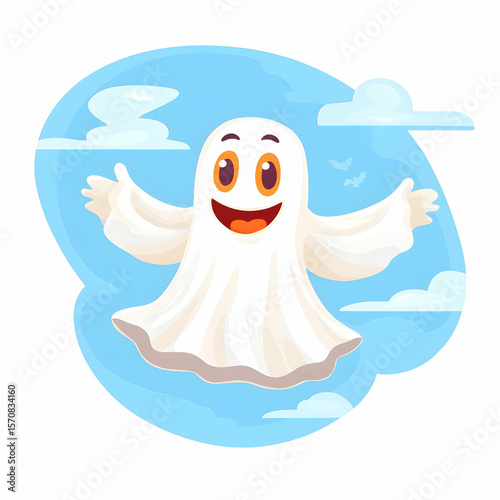 Cute cartoon ghost floating in sky with clouds.  Possible use Halloween card, children's book illustration
