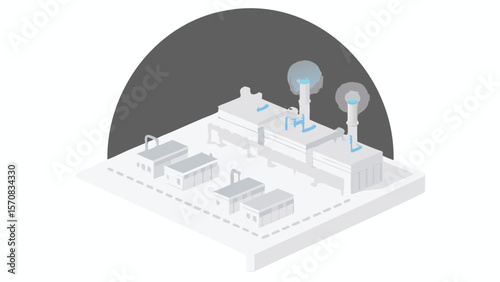Isometric view of a factory with buildings and smokestacks against a dark gray background arc