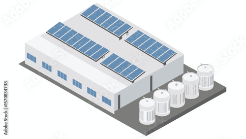 Isometric view of industrial building with solar panels and storage tanks in a clean design