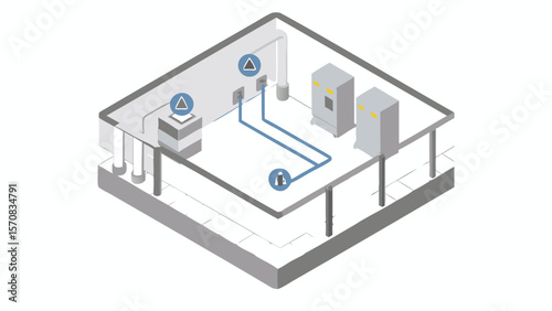 Isometric view of a room with electrical equipment and blue wiring diagram connections displayed